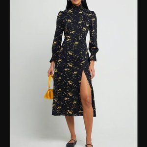 O.P.T. black floral long sleeve Linda midi dress with high slit